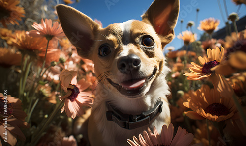 Chihuahua dog surrounded by a field of flowers, happy dog - Generative AI © Samira