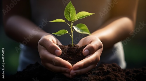 Guardians of Nature: A Green World, Hands Cradling a Small Plant Sprout Thriving on Earth, High-quality Wallpaper