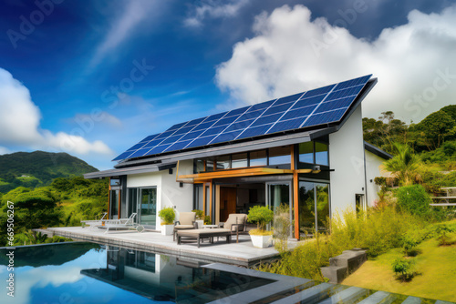 Sustainable Living, Modern Asian House with Solar Panels © pkproject