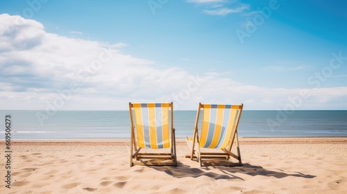 Two deck chairs on beach