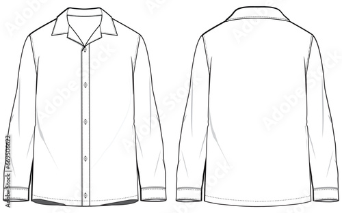 Men's long sleeves pajama shirt flat sketch illustration drawing, Lounge pyjama Woven night wear shirt for sleep wear and casual wear fashion illustration template mock up