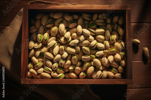 Top view of pistachio nuts in a wooden box photo