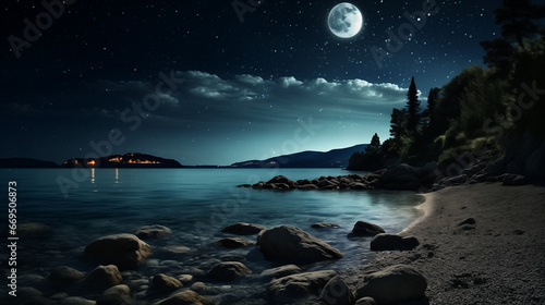 Rocky night sea beach, moonlight trees and stars, Generative AI