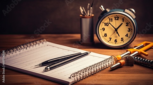 Work tool and calendar and desk clock. On office desk table. Top view with copy space. Shot with ISO64. photo