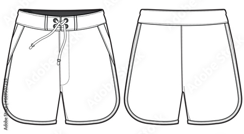 Board Sports design front and back view flat sketch fashion illustration, Swim short vector template cad drawing