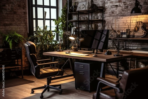 Contemporary office in industrial loft style. Workstation with computer. Generative AI