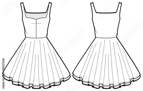 Women sleeveless fit and flared cocktail dress design flat sketch fashion illustration with front and back view, sweet heart neck dress vector template
