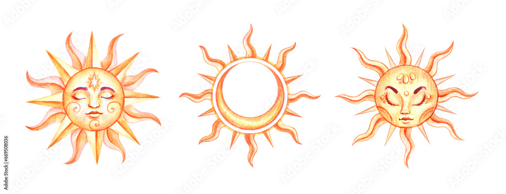 Watercolor set of magic suns with faces and crescent inside isolated on white background. Celestial hand drawn clip art for astrological and esoteric blogs, tattoo, tarot, prints, label, sticker pack. Watercolor set of magic suns with faces and crescent inside isolated on white background. Celestial hand drawn clip art for astrological and esoteric blogs, tattoo, tarot, prints, label, sticker pack.