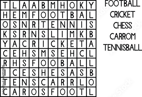 Crossword game for kids, find the names of games, puzzle game in Vector for Children Activity Book page. New style layout of Crossword game page for kids.