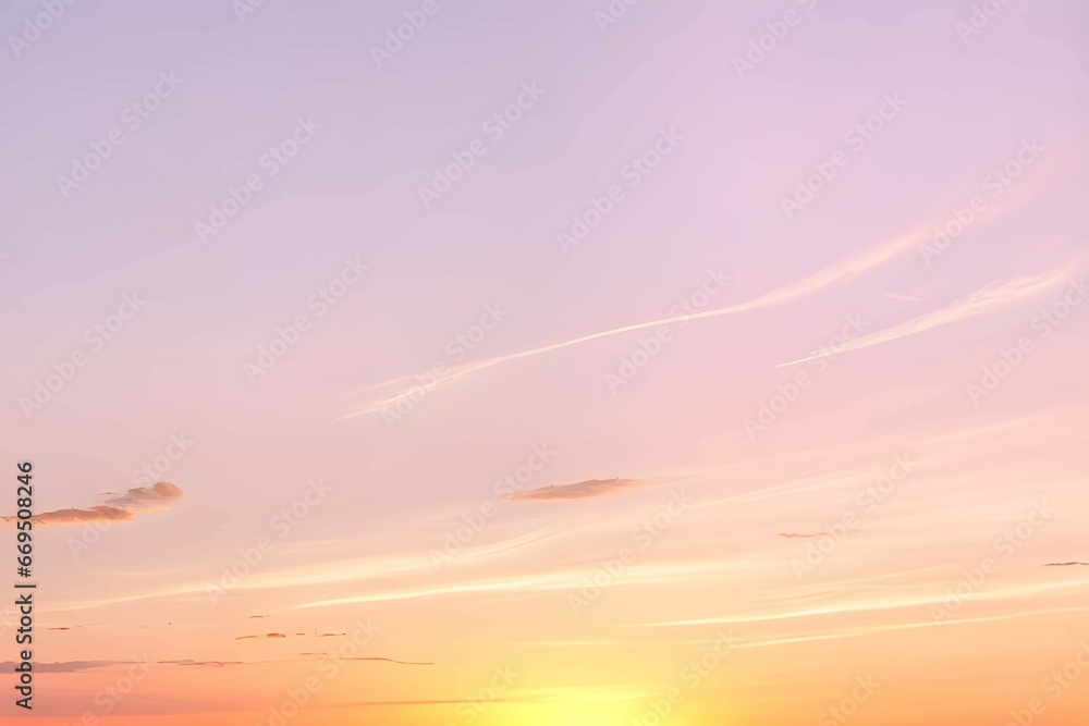 Obraz premium 淡いピンクとオレンジの夕焼け空に白いふわふわの雲と沈む太陽、夕暮れ時の空の色彩と雲の形の変化