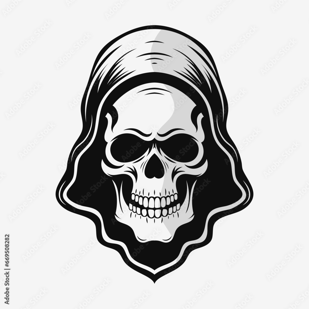 Fototapeta premium Hooded skull logo. Black and white emblem. Vector illustration
