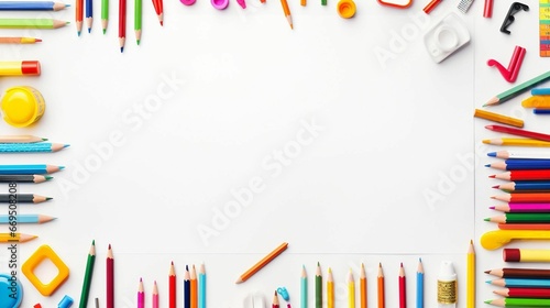 An AI illustration of a variety of school supplies laid out on a white background