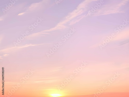 淡いピンクとオレンジの夕焼け空に白いふわふわの雲と沈む太陽、夕暮れ時の空の色彩と雲の形の変化 © sky studio