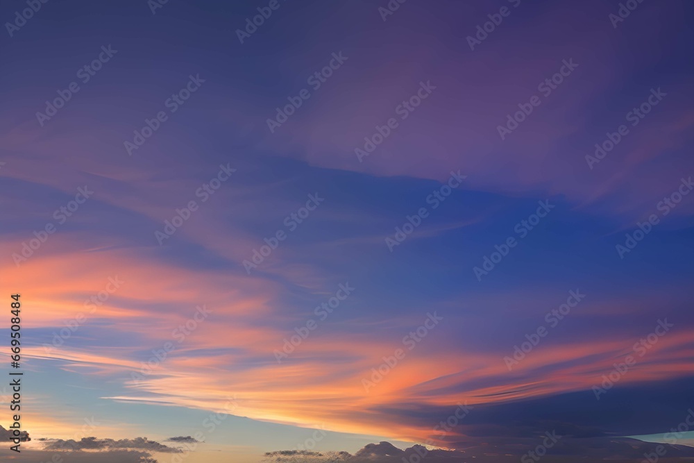 Fototapeta premium 夕暮れの色彩：オレンジ、青、紫のグラデーションが広がる空と、暗くて細い雲が交差する、低角度から見上げた夕暮れの風景