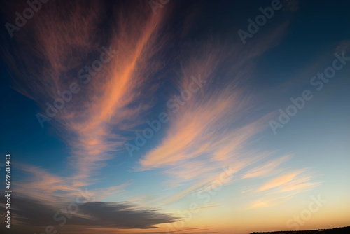 美しい夕焼け時の青空にオレンジ色の雲が広がる - 雲の質感はうっすらとしたもの