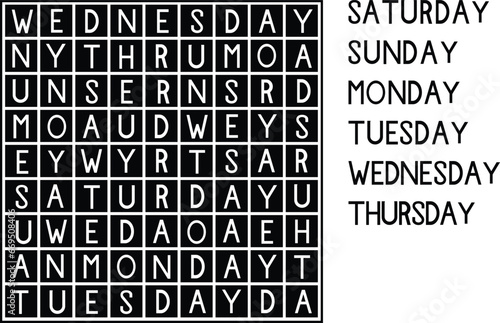 Word search puzzle with hidden  names of the days. Puzzle for kindergarten and primary school students. Word game for social media.