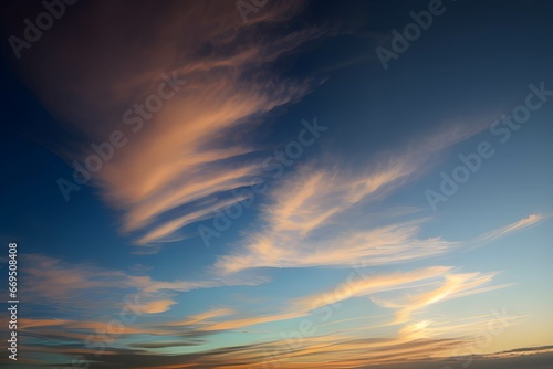 美しい夕焼け時の青空にオレンジ色の雲が広がる - 雲の質感はうっすらとしたもの © sky studio