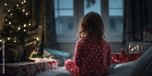 Christmas Moments: Little Girl and Her Feline Friend Near the Tree