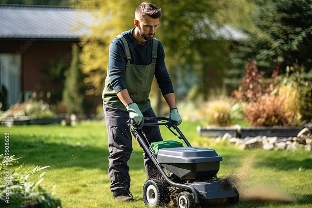 Garden Meadow Lawn Cutting, a Worker Mows Grass, Plant Cut, Garden Care, Generative AI Illustration Garden Meadow Lawn Cutting, a Worker Mows Grass, Plant Cut, Garden Care, Generative AI Illustration