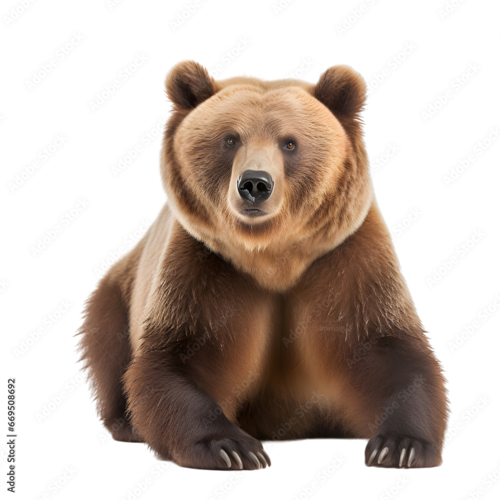 Obraz premium front view, brown bear is sitting on the ground, looking to the camera, isolated on transparent background. 