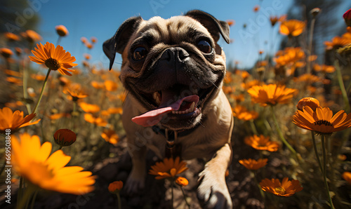 Pug dog surrounded by a field of flowers, happy dog - Generative AI