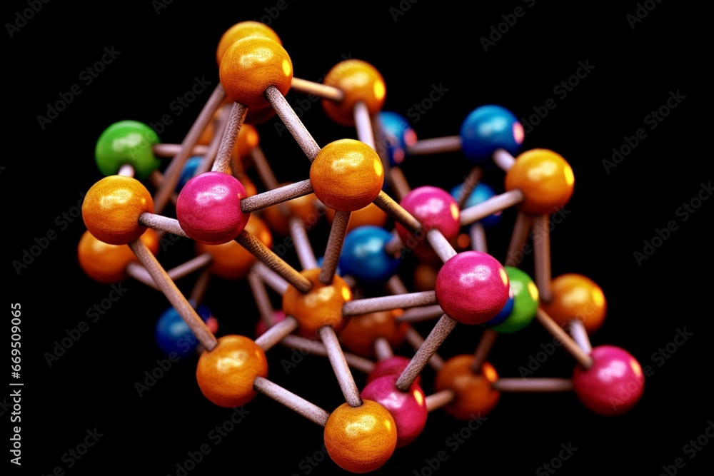 Molecular structure of pentobarbital, a barbiturate compound, depicted as a ball and stick 3D model with a colored structural chemical formula. Generative AI