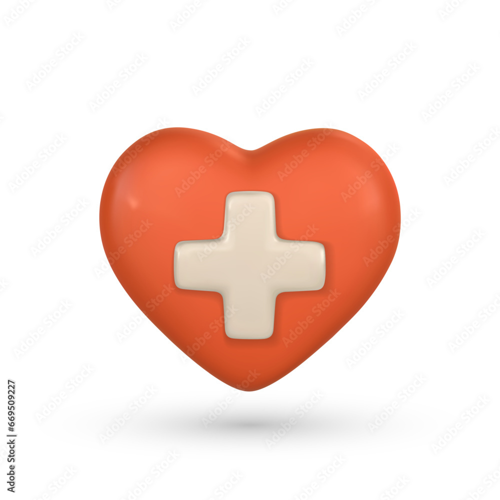3d red heart with plus sign icon. Medical healthcare, pulse beat measure, cardiac assistance. Vector illustration 3d red heart with plus sign icon. Medical healthcare, pulse beat measure, cardiac assistance. Vector illustration