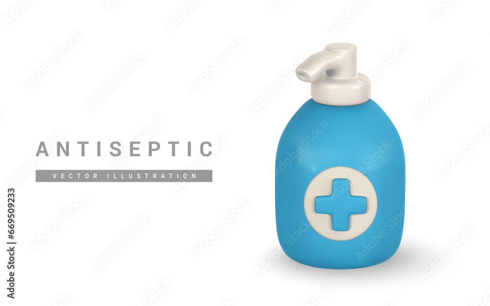 Realistic 3d antiseptic liquid hand sanitizer, soap disinfectant pump bottle in cartoon style. Vector illustration Realistic 3d antiseptic liquid hand sanitizer, soap disinfectant pump bottle in cartoon style. Vector illustration