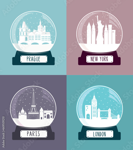 Canvas Print Set of christmas glass balls with famous cities