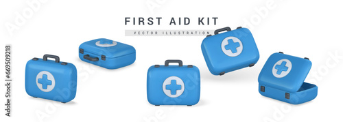 3d realistic first aid kit, emergency box in cartoon style. Hospital doctor care bag. Symbol of safety, urgency help. Pharmacy advertisement. Vector illustration