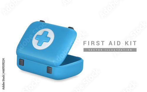3d realistic first aid kit, emergency box in cartoon style. Hospital doctor care bag. Symbol of safety, urgency help. Pharmacy advertisement. Vector illustration