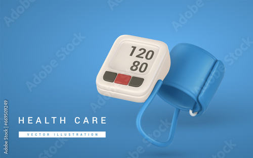 3d realistic medical blood pressure in cartoon style. Doctor equipment icon. Wellness and online healthcare concept. Vector illustration
