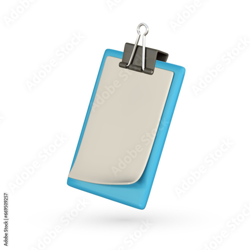 Realistic 3d check list on clip board. Clipboard with document. Business, office and education concept in cartoon style. Vector illustration