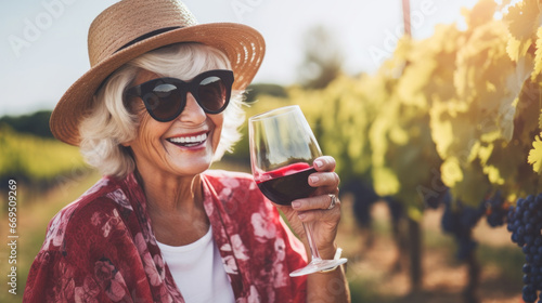 Grogeous fashionable senior tourist woman having fun in the wineyards. Red wine in glass photo