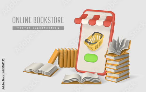 3d online bookstore. Smartphone with striped shop canopy and books. Modern online shopping, application for smartphone. Vector illustration