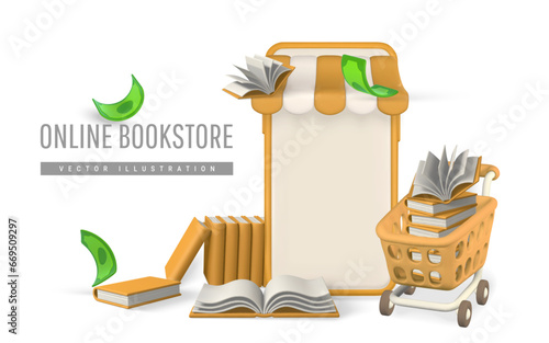 3d online bookstore. Smartphone books. Modern online shopping, application for smartphone. Vector illustration