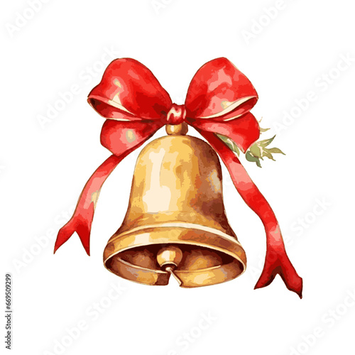Christmas golden bell with red bow for greeting card design watercolor paint on white
