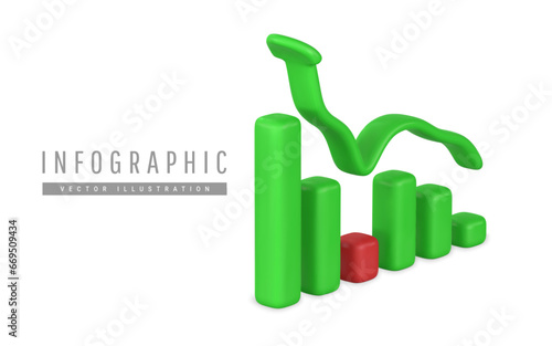 3d realistic green red graph with arrow up in cartoon style. Trade infographic. Trading stock news impulses. Success of business strategy. Vector illustration