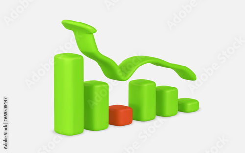 3d realistic green red graph with arrow up in cartoon style. Trade infographic. Trading stock news impulses. Success of business strategy. Vector illustration