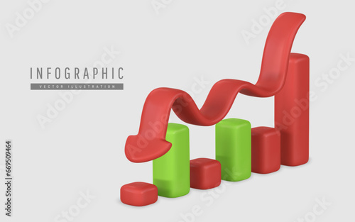 3d realistic green red graph with arrow down in cartoon style. Trade infographic. Trading stock news impulses. Success of business strategy. Vector illustration