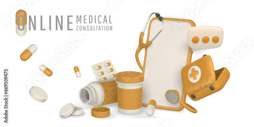 Online medical consultation banner in cartoon style. Online medicine and healthcare design concept. Modern accessories of doctor. Vector illustration