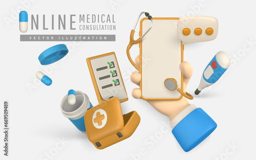 Online medical consultation banner in cartoon style. Online medicine and healthcare design concept. Modern accessories of doctor. Vector illustration