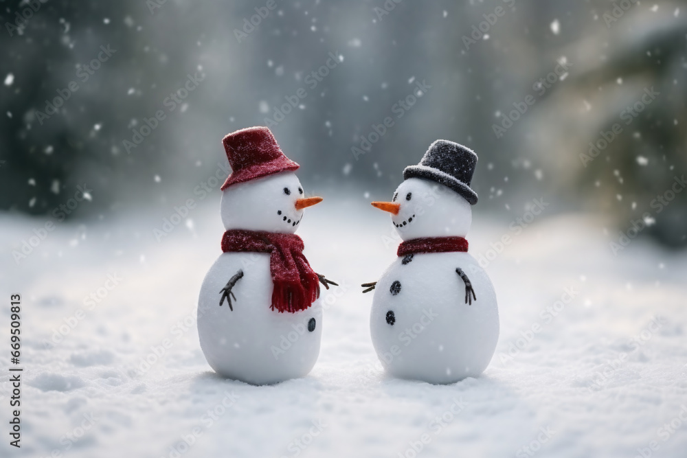 Two happy snowman family toys greeting greeting each other, celebrating Christmas and new year with family and friends concept photo background. Two happy snowman family toys greeting greeting each other, celebrating Christmas and new year with family and friends concept photo background.