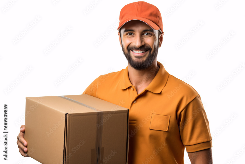 A friendly delivery man delivering a package parcel box, giving fast delivery service, transportation and logistics concept. A friendly delivery man delivering a package parcel box, giving fast delivery service, transportation and logistics concept.