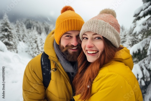 Couple of beautiful young people in love hug and have fun together in the snowy mountains on winter holidays. A man and a woman in a relationship. Portrait close-up front view. Generative AI.