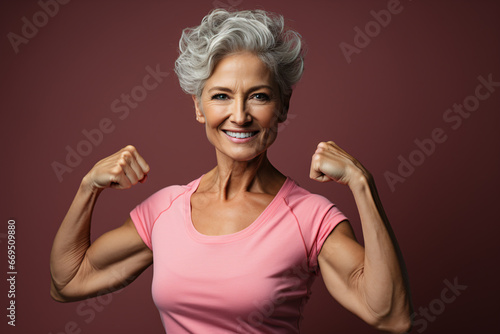 Beautiful cheerful middle aged senior woman with healthy lifestyle, smiling and flexing arm muscles on pink background, health and wellness for aging society concept.