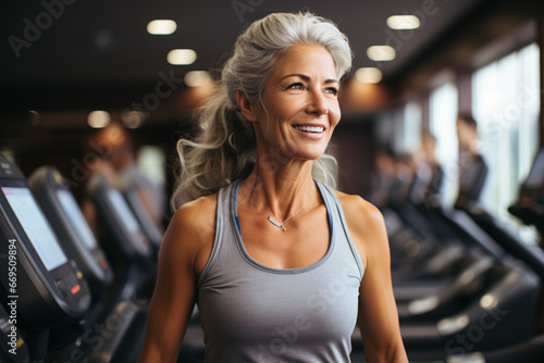 Beautiful confident senior woman in sportswear smiling happily at gym, healthy lifestyle and maintaining wellness for older adults concept.