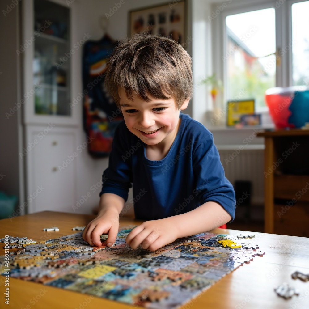 cute boy, kid with special needs solving a puzzle in rehabilitation center