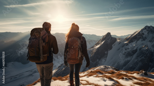 Couple tourists went hiking in the mountains in the winter season. Beautiful views of nature. Guy and girl with a big backpackers are traveling. Outdoor activities concept. Rear view. Generative AI