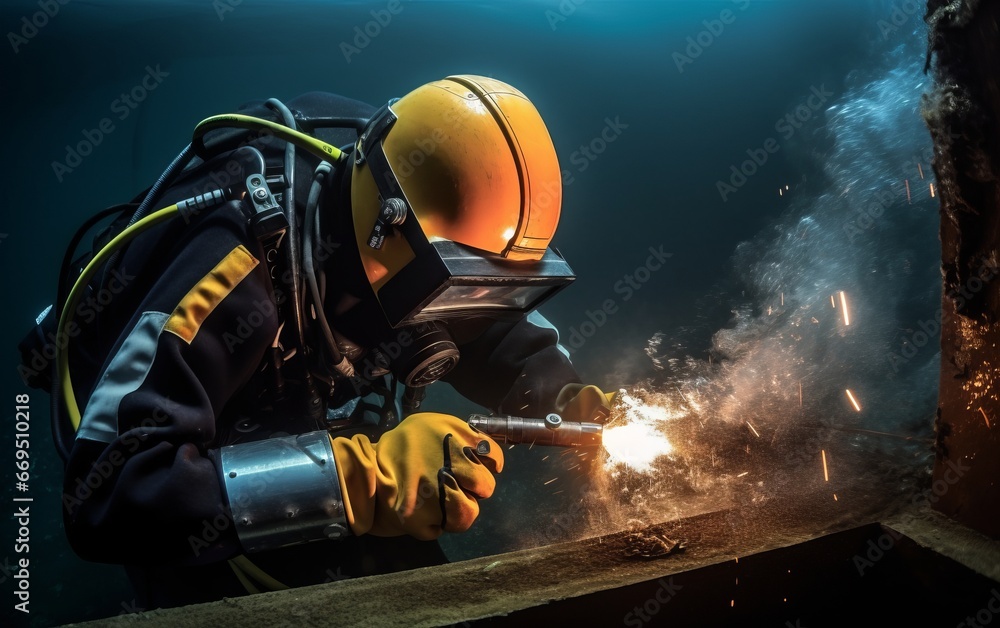 Underwater welding work wearing diving equipment. - obrazy, fototapety, plakaty 